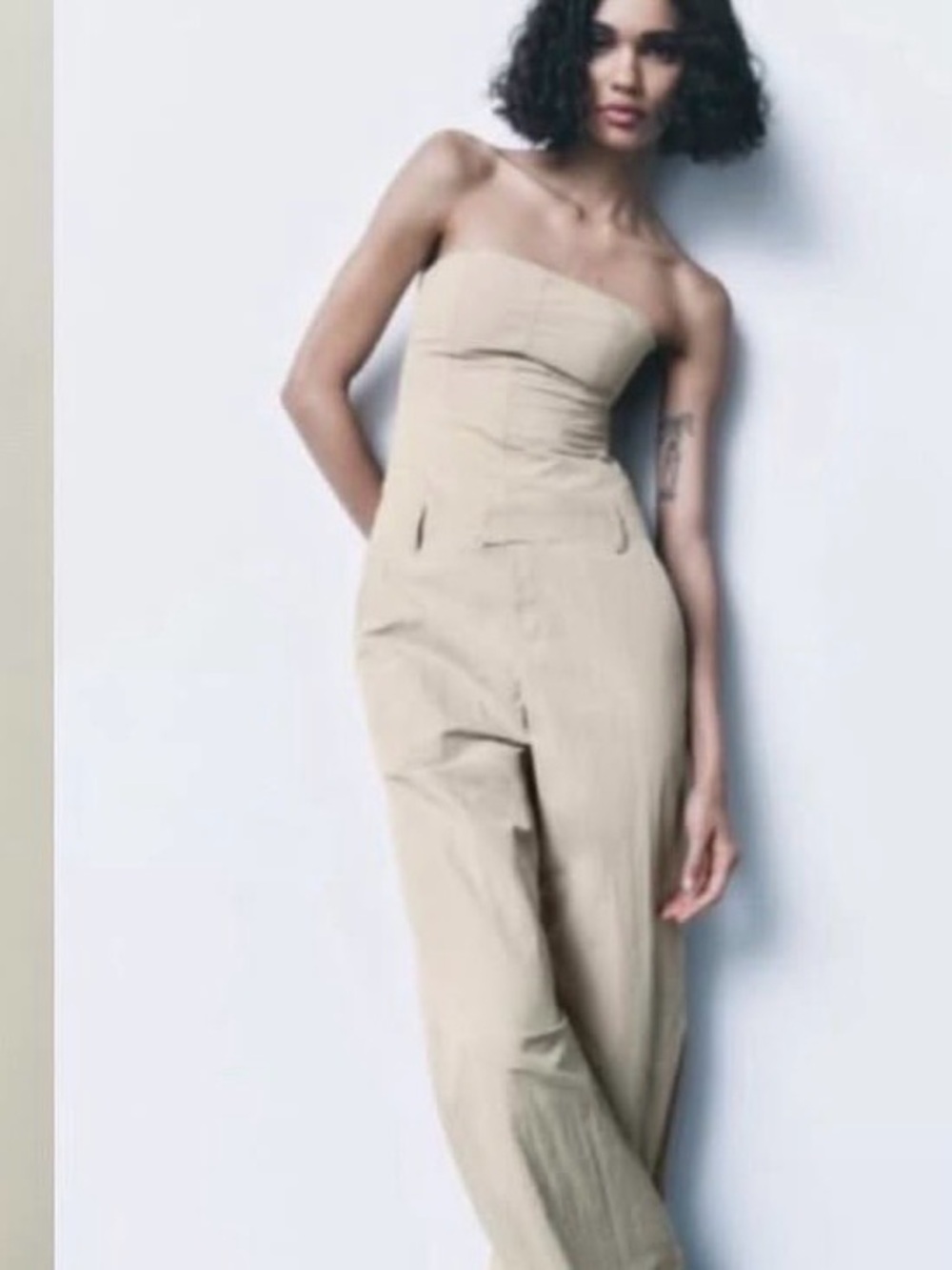 Zara Strapless Cream Jumpsuit with Wide Legs